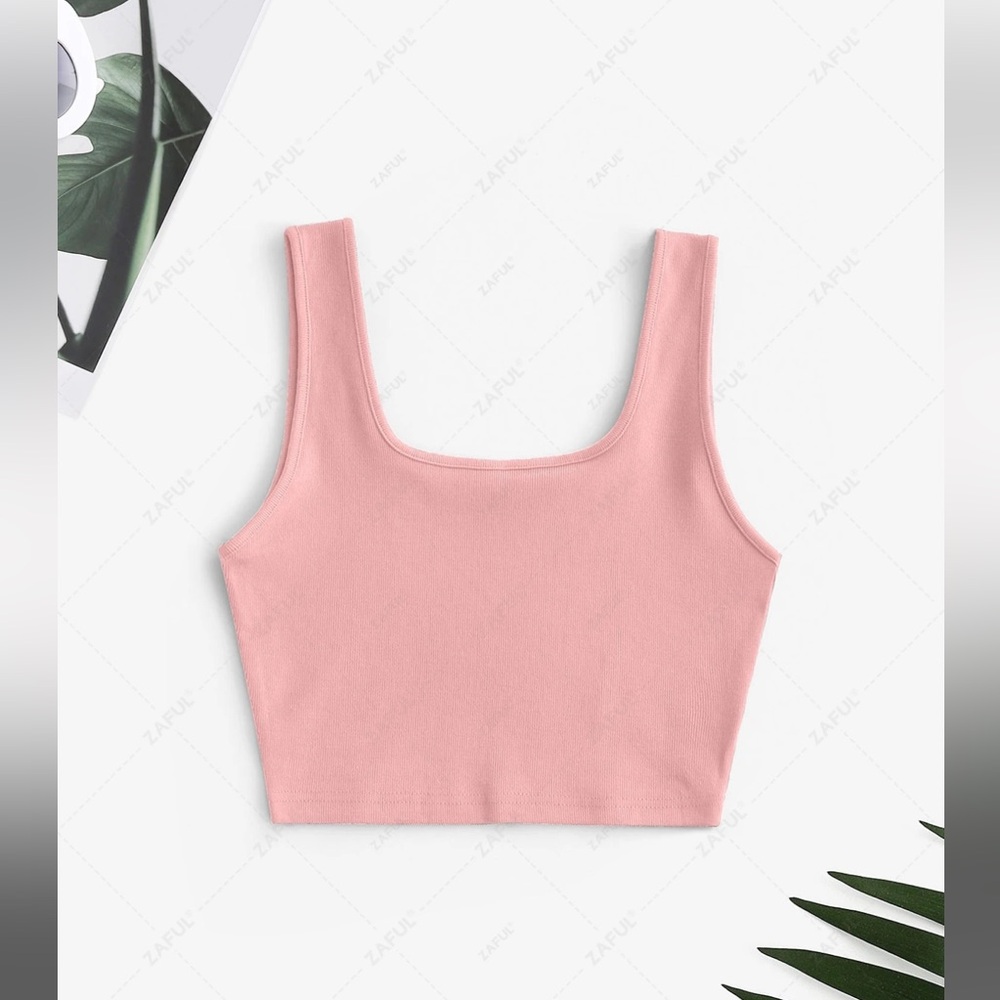 Women's U Neck Solid Color Basic Plain Ribbed Crop Tank Top